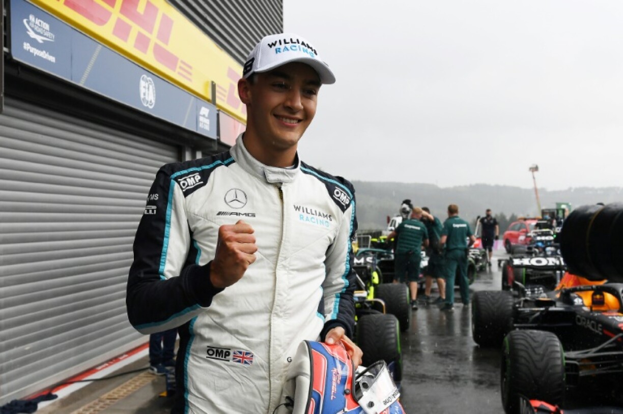 La joie du Britannique George Russell (Williams), 2e temps des qualifications du GP de F1 de Belgique, le 28 août 2021 à Spa-Francorchamps