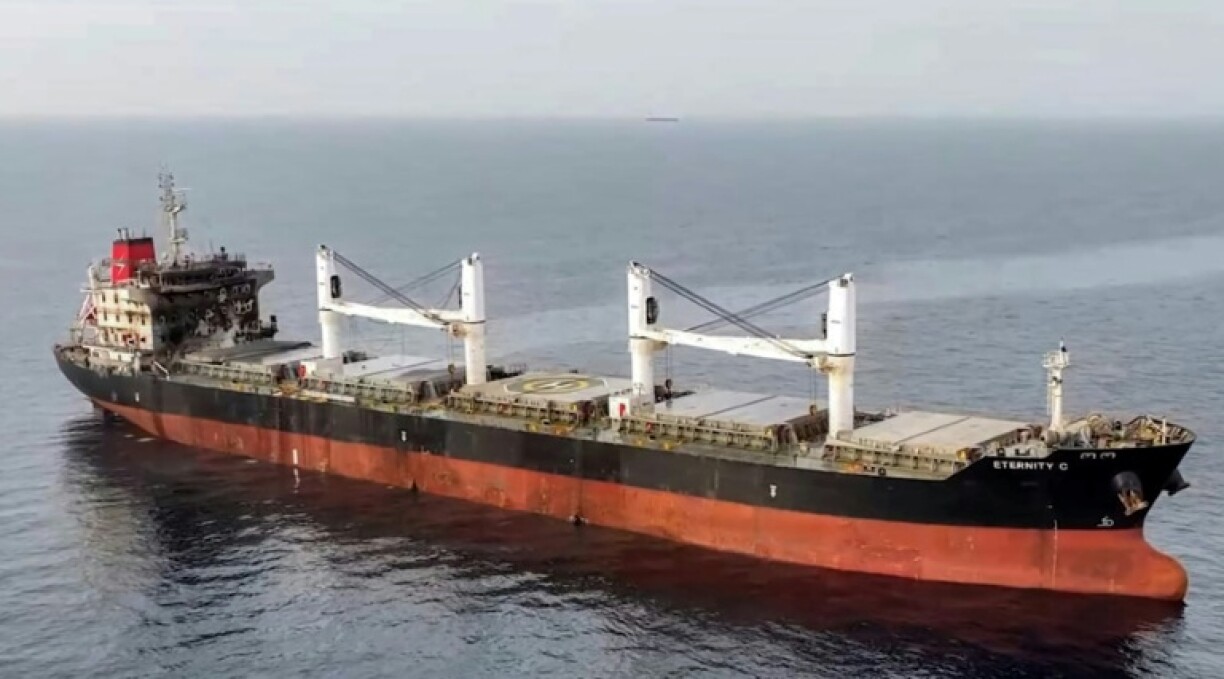 A handout picture from Huthi media showing damage from the group's attack on the Eternity C, before the ship later sank