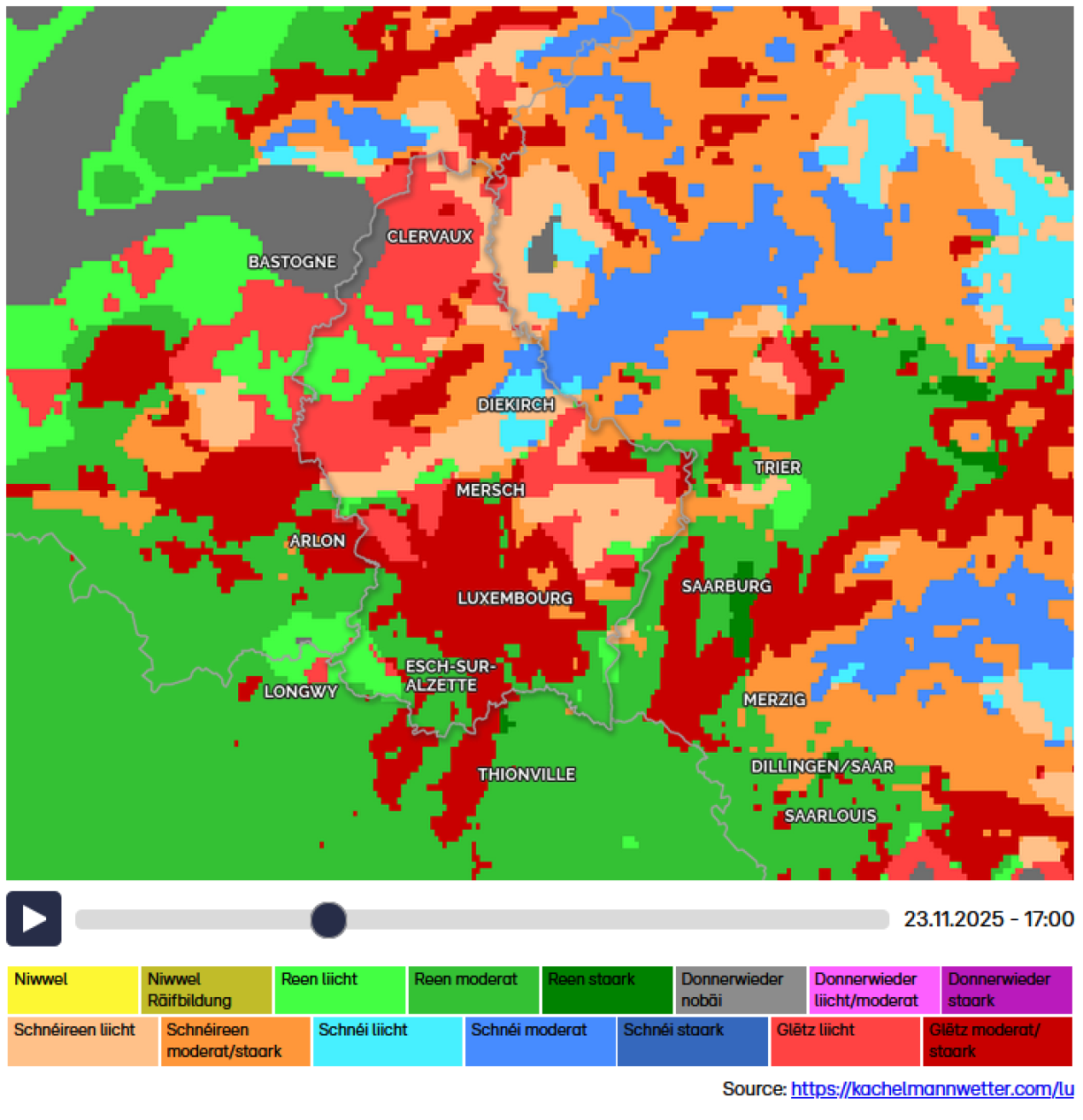 Wéi een um Wiederradar vu Kachelmannwetter gesäit, ass e Sonndeg am Nomëtteg vun allem mat dobäi. Wou genee et wäert schneien, a wou Glëtz kann erofkommen, ass aktuell schwéier virauszegesinn. De Radar gëtt stänneg aktualiséiert an Dir kënnt hei ënnen am Artikel stänneg am Aen behalen.