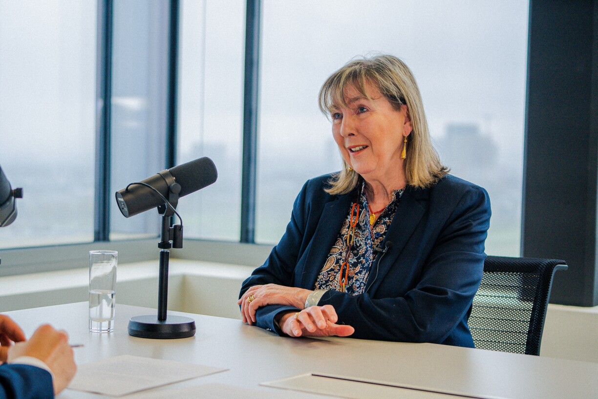 Luxembourg City Mayor Lydie Polfer speaking to Christos Floros at RTL City during the filming of Conversations with Christos. In the background, amidst the fog, the golden towers of the European Court of Justice in Kirchberg.