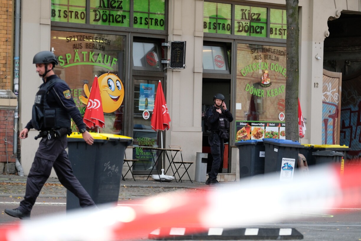 Police in front of targeted kebab restaurant.