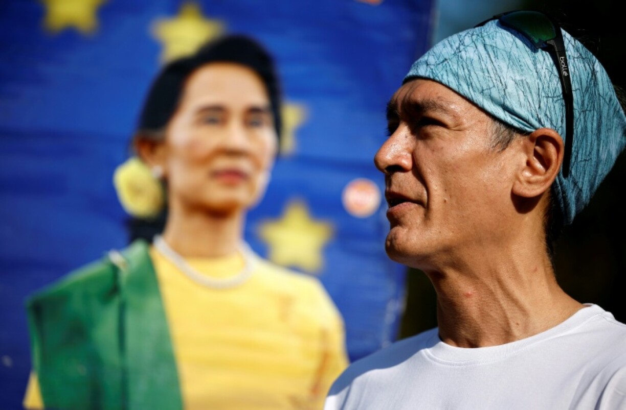 Kim Aris, son of Aung San Suu Kyi, spoke to supporters before taking part in a run on his mother's 80th birthday