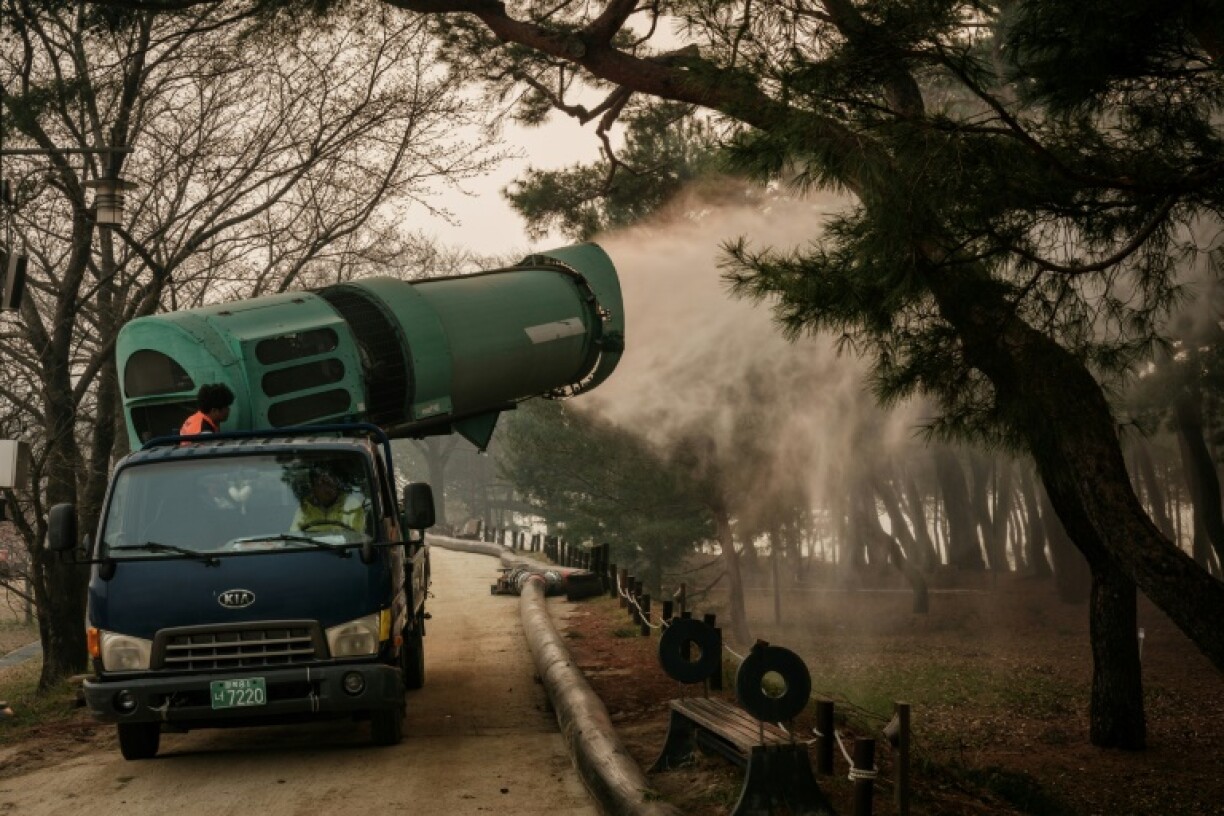 Firefighters operate a machine to spray a mist of water on pine trees to keep them wet in preparation for a possible approaching wildfire