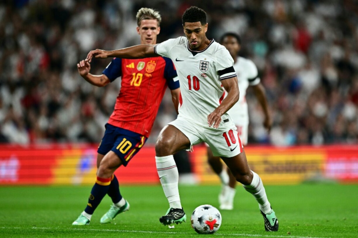 England midfielder Jude Bellingham in action against Spain