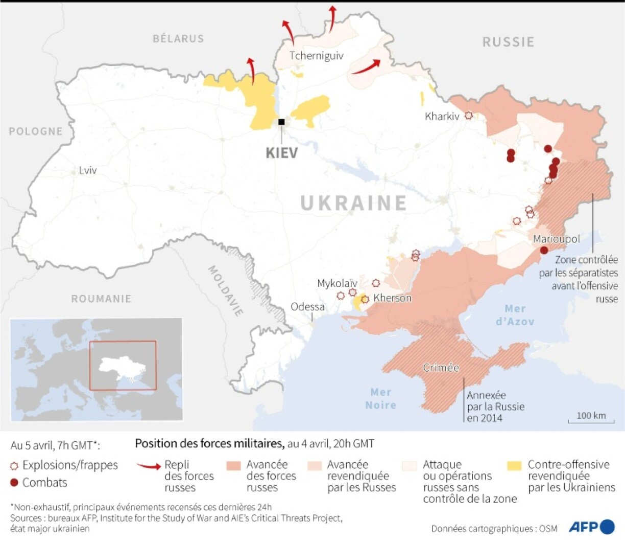 Carte de la situation en Ukraine au 5 avril 2022 à 07H00 GMT