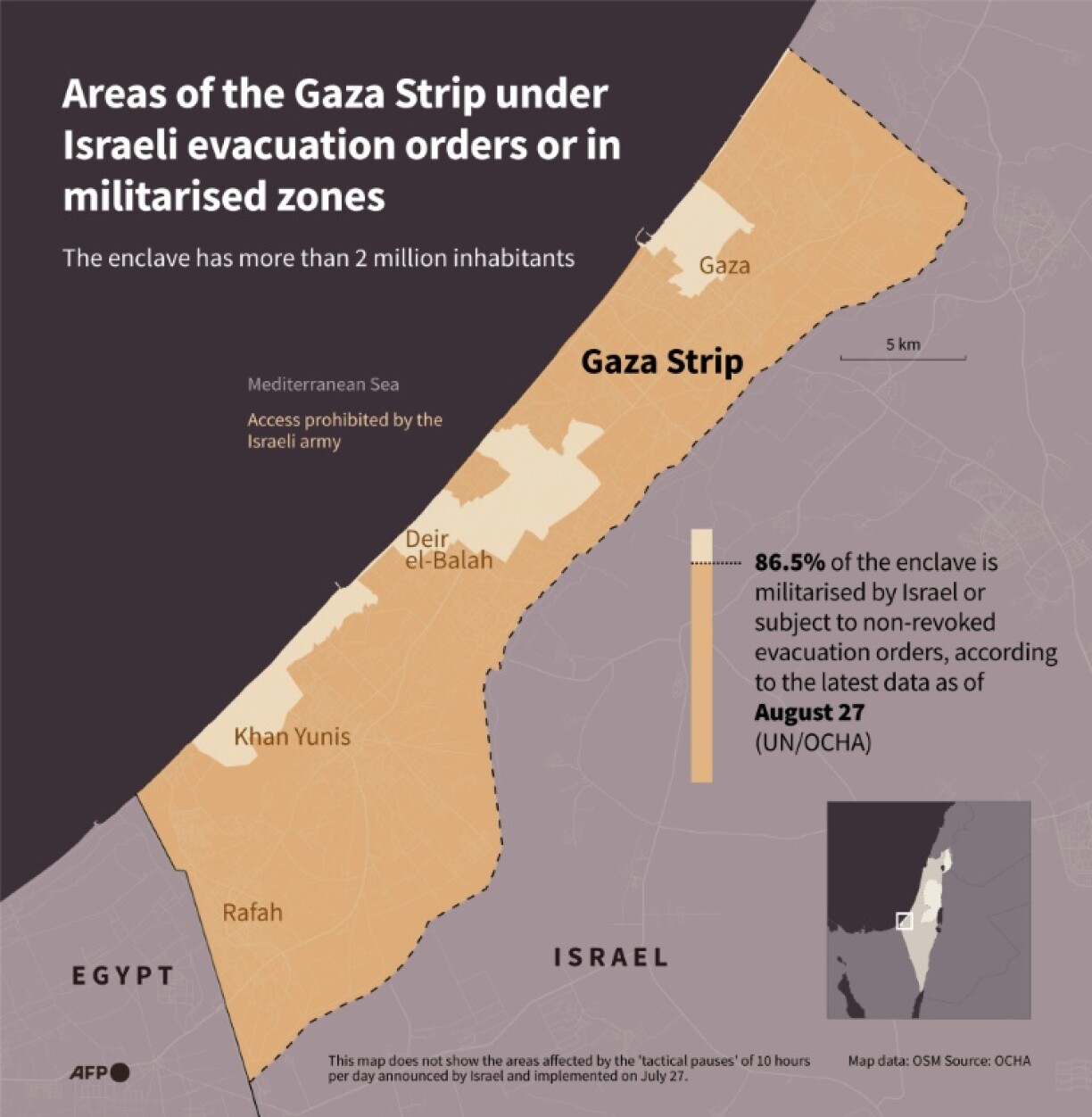 Areas of the Gaza Strip under Israeli evacuation orders or in militarised zones