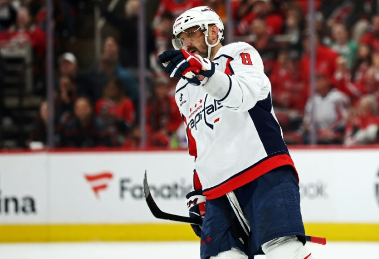 Alex Ovechkin of the Washington Capitals celebrates after scoring his 892nd NHL goal in the second period of the Capitals' NHL loss to the Carolina Hurricanes