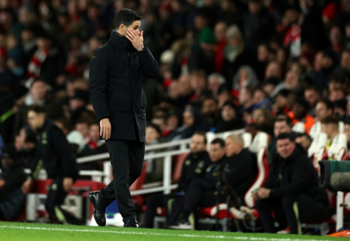 Arsenal manager Mikel Arteta reacts after his team's match against Everton finished in a 0-0 draw