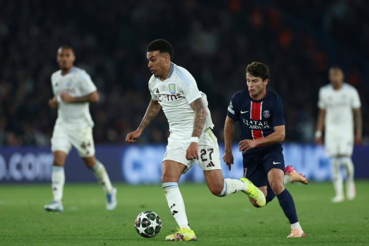 Morgan Rogers, who gave Aston Villa the lead at the Parc des Princes, carries the ball under pressure from PSG's Joao Neves