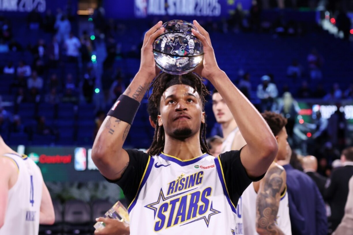 San Antonio Spurs forward Stephon Castle celebrates after leading Team C to the NBA Rising Stars championship, earning MVP honors and booking a place in the All-Star Game tournament
