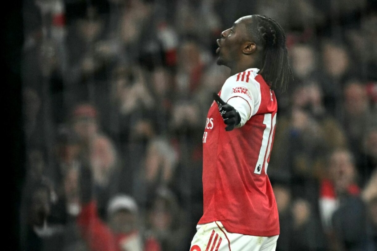 Arsenal's Eberechi Eze celebrates scoring against Tottenham