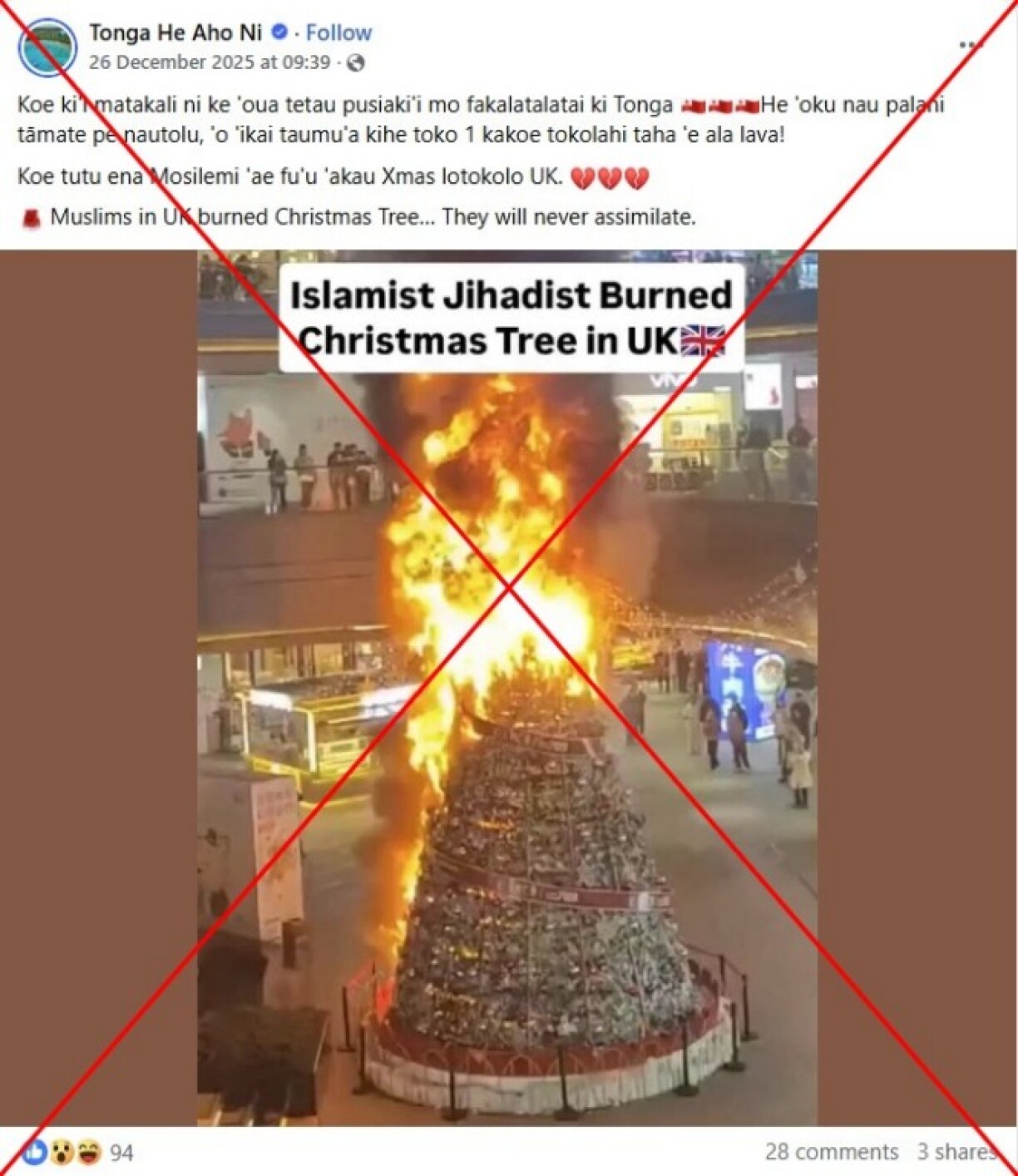 Screenshot of the false Facebook post captured on January 2, 2026, with a red X added by AFP