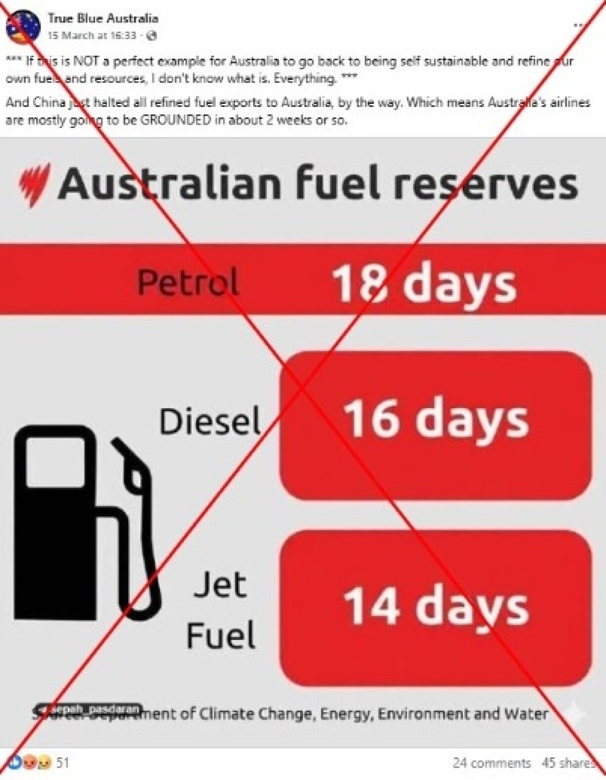 Screenshot of the false post captured on March 20, 2026, with a red X added by AFP