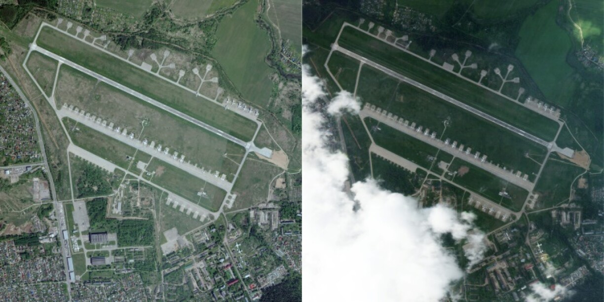 A satellite image taken and released by Planet Labs PBC shows pre-strike and post strike images of the Ivanovo Airbase east of Moscow