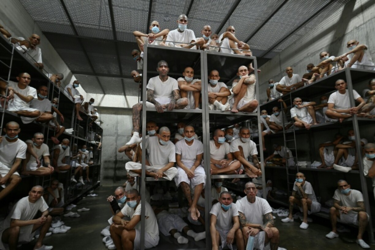 Inmates crowd a large cell at El Salvador's Terrorism Confinement Center (CECOT) mega-prison, where hundreds of members of the MS-13 and 18 street gangs are being held