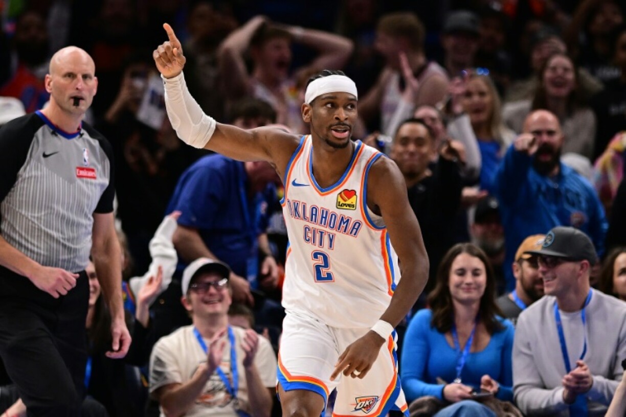 Shai Gilgeous-Alexander of the Oklahoma City Thunder celebrates after scoring in an NBA victory over the Phoenix Suns