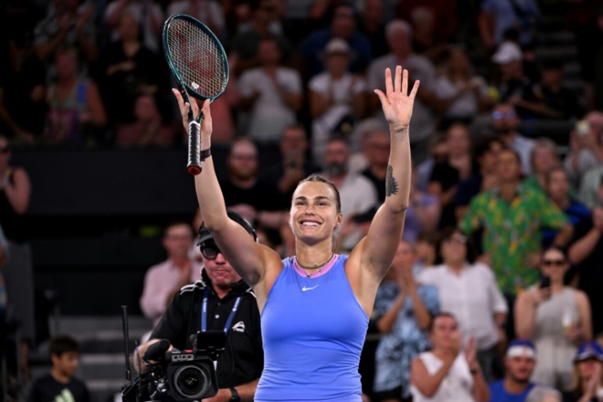 Aryna Sabalenka celebrates defeating Russia's Polina Kudermetova in the Brisbane singles final