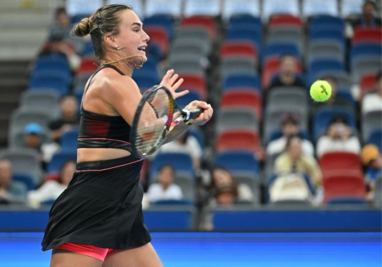Aryna Sabalenka hits a return to Rebecca Sramkova at the Wuhan Open