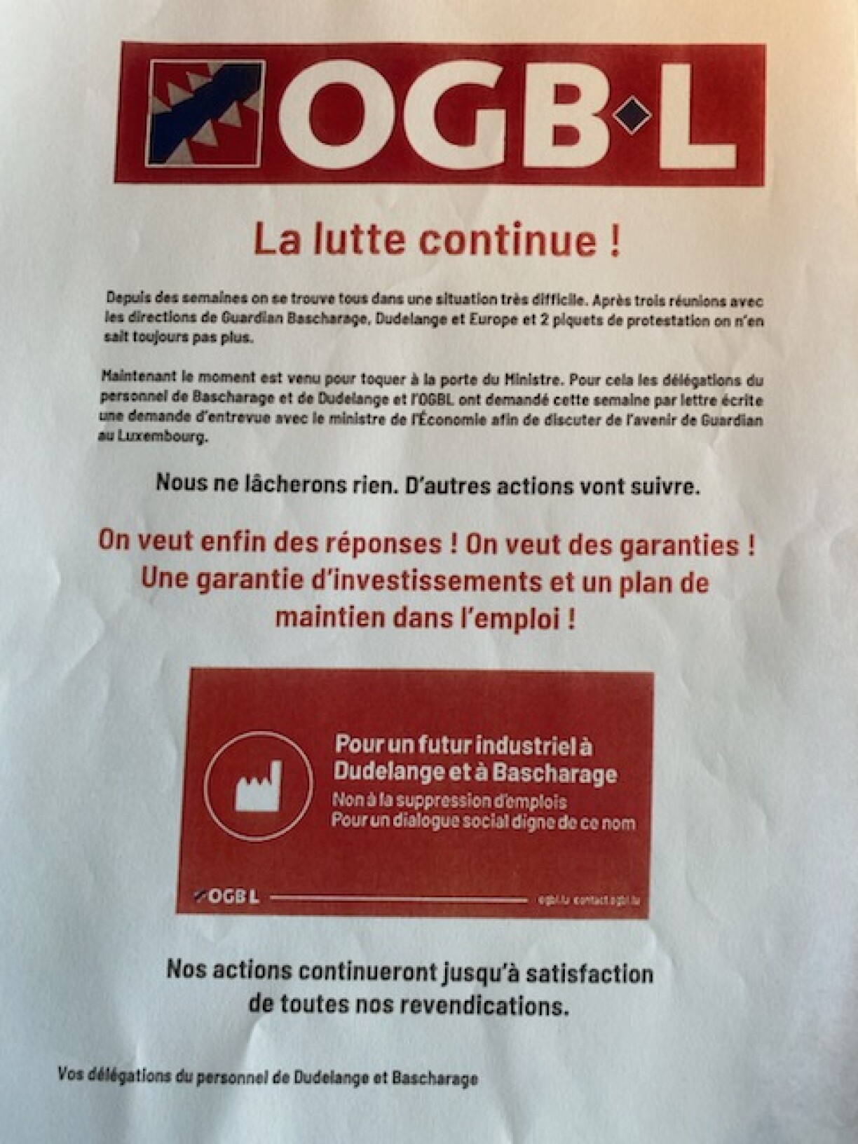 This flyer was handed out to the staff of Guardian at the beginning of August near the roundabout in Bascharage.