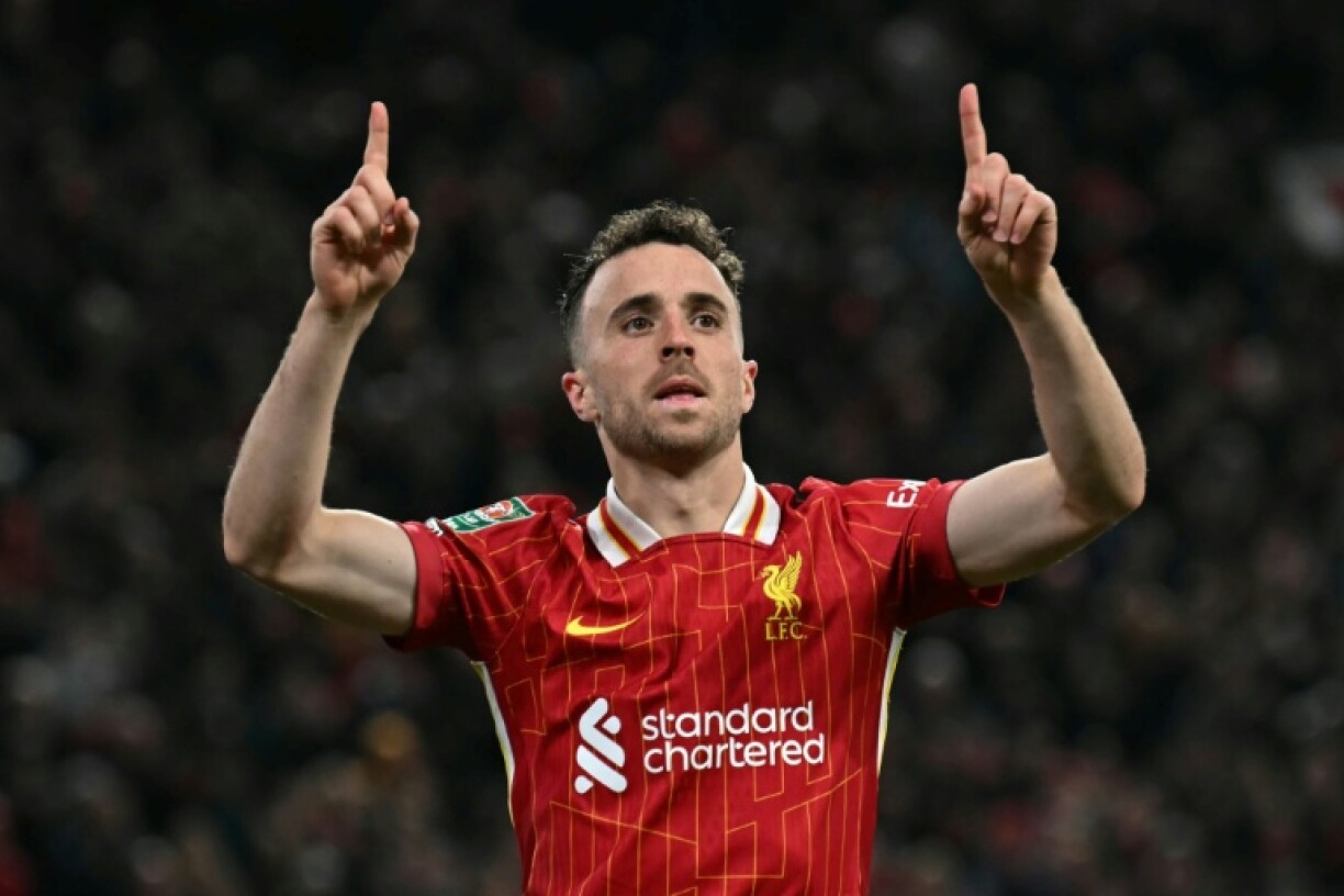 Diogo Jota celebrates after scoring a goal against West Ham at Anfield on September 25, 2024