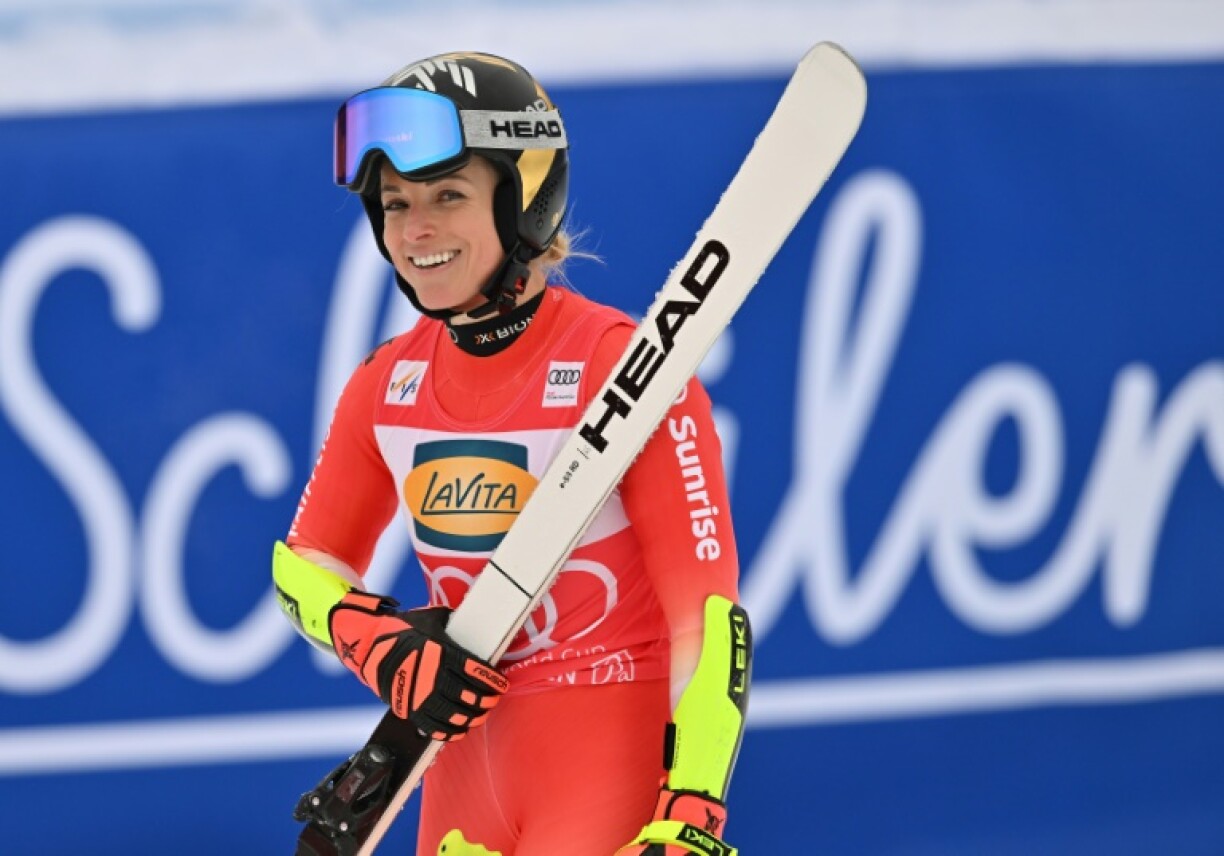 Switzerland's Lara Gut-Behrami celebrates after winning at Garmisch-Partenkirchen