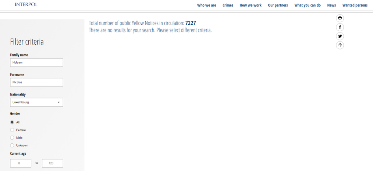 Nous avons constaté que malgré les déclarations de la police luxembourgeoise, le profil de Nicolas Holzem ne figure pas encore dans la base de données des personnes disparues d'Interpol.