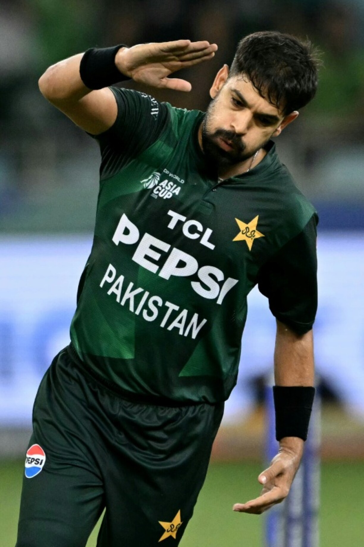 Pakistan's Haris Rauf celebrates after taking the wicket of India's captain Suryakumar Yadav during the Asia Cup 2025 Super Four Twenty20 international cricket match between India and Pakistan at the Dubai International Stadium