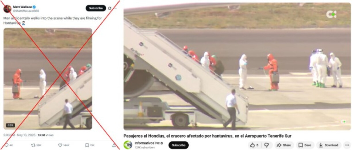 Screenshot comparison of the falsely shared clip (L) and the Televisión Canaria video