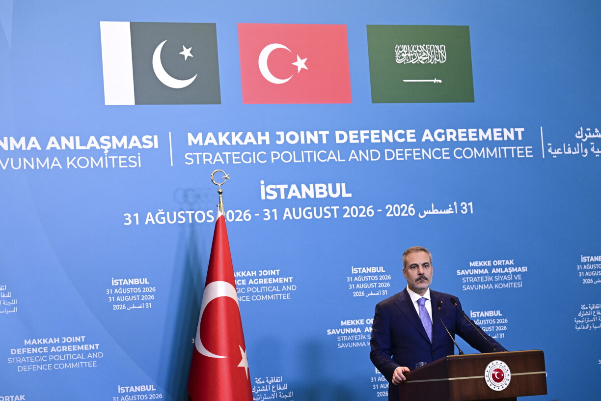 Turkish Foreign Minister Hakan Fidan holds a press conference following the inaugural meeting of the Strategic Political and Defense Committee, established under the Makkah Joint Defense Agreement, in Riyadh, Saudi Arabia, on 31 August 2026.