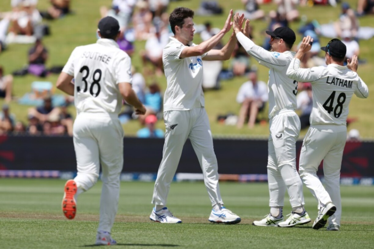 New Zealand's Will O'Rourke (centre) celebrates the wicket of England's Harry Brook on the fourth morning of the third Test