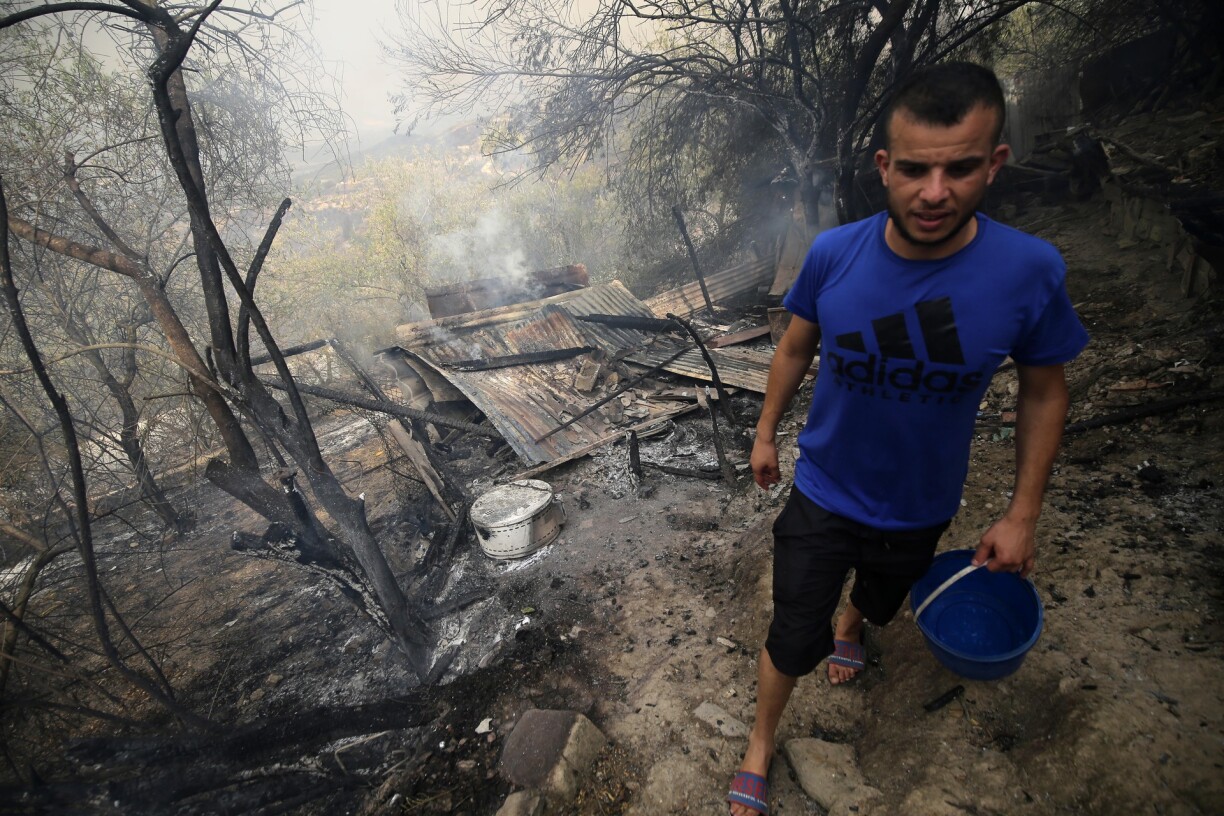 A forest fire burns near the village of Zberber, Bouira province in the mountainous Kabyle region, Algeria