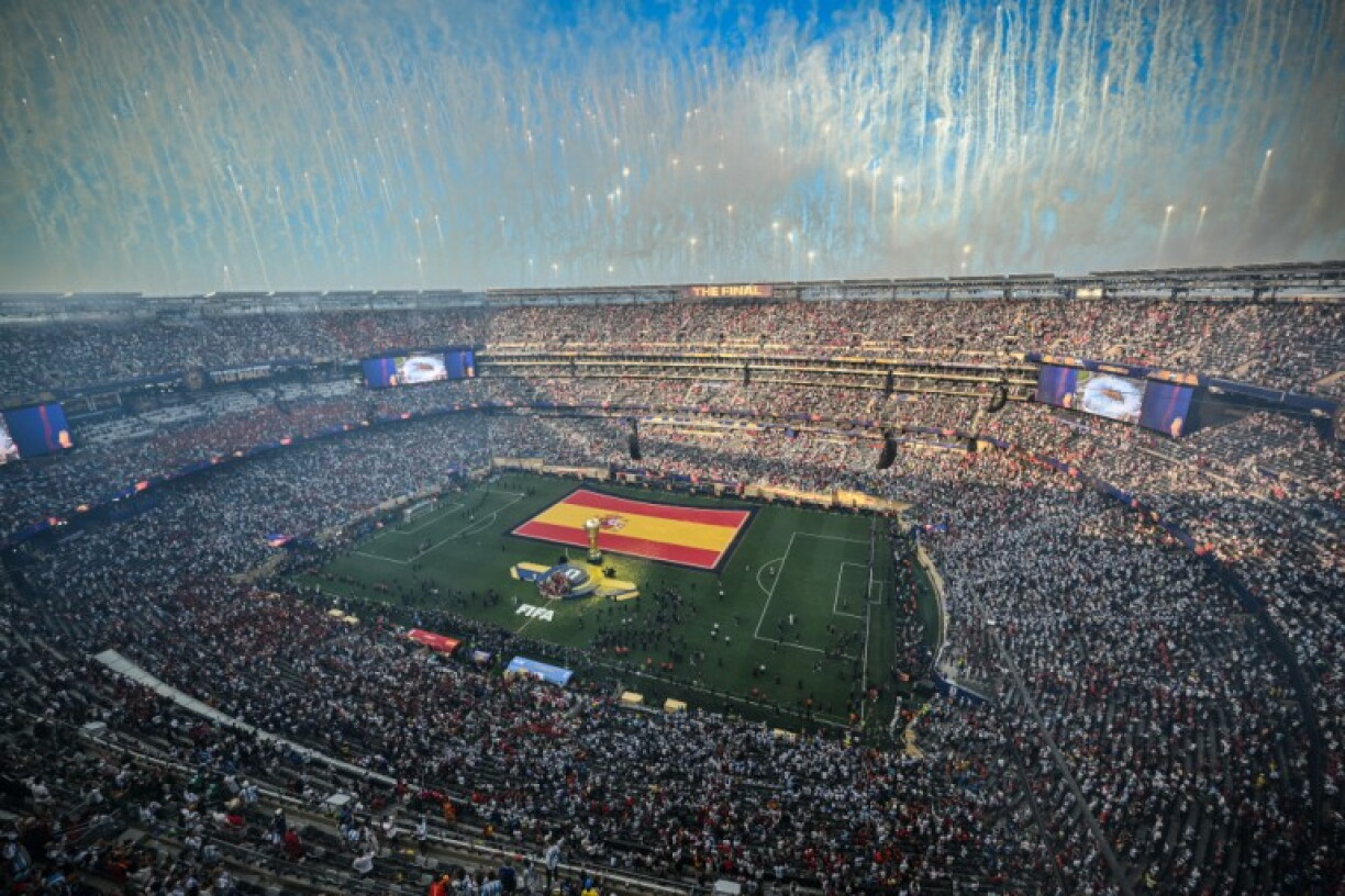A general view of fireworks during the trophy ceremony after Spain won the 2026 World Cup football tournament final match between Spain and Argentina at the New York/New Jersey Stadium in East Rutherford on July 19, 2026