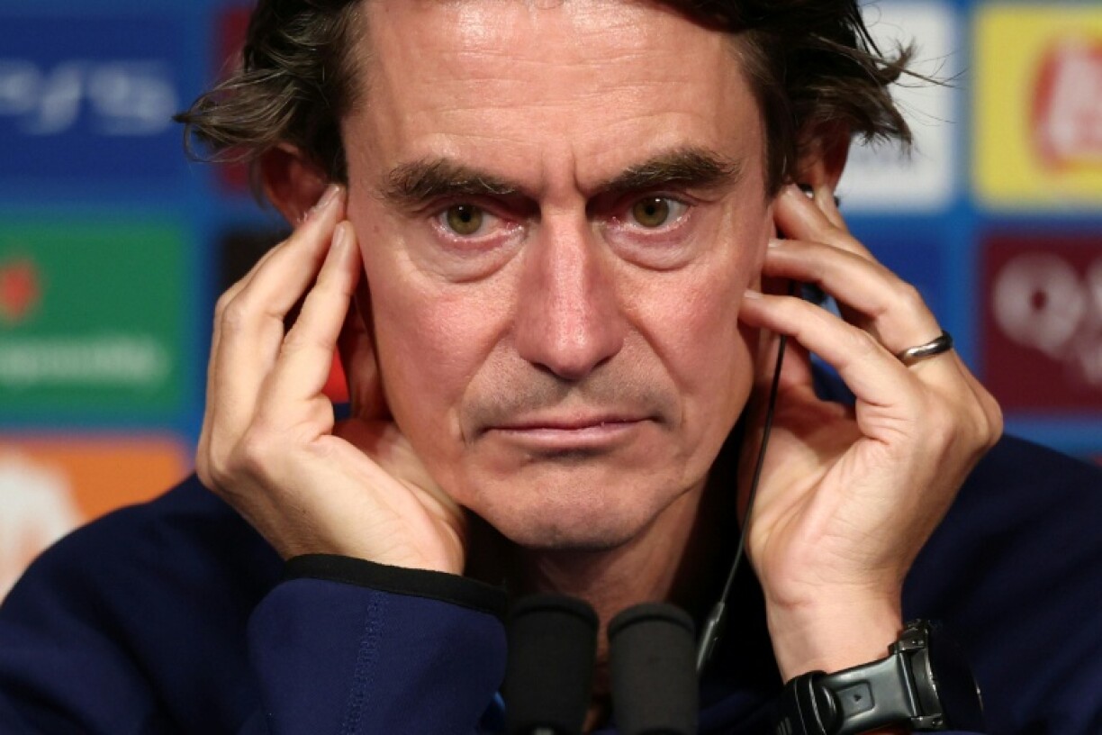 Tottenham Hotspur coach Thomas Frank speaks to reporters in Paris on Tuesday