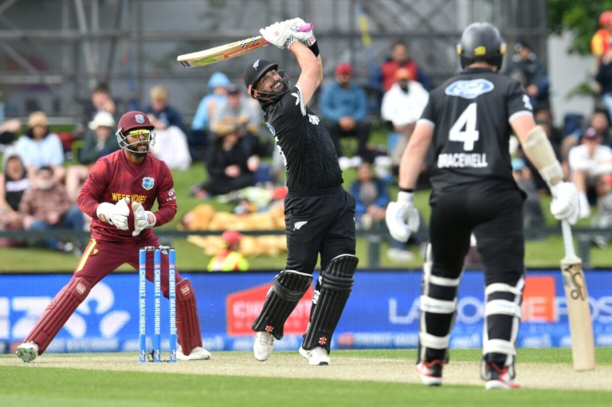 Daryl Mitchell (C) scored 119 for New Zealand in their first ODI against West Indies at Hagley Oval in Christchurch