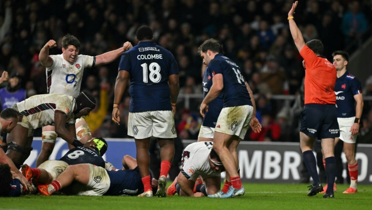 Key score: Fin Baxter goes over for England's third try in a 26-25 Six Nations win over France at Twickenham