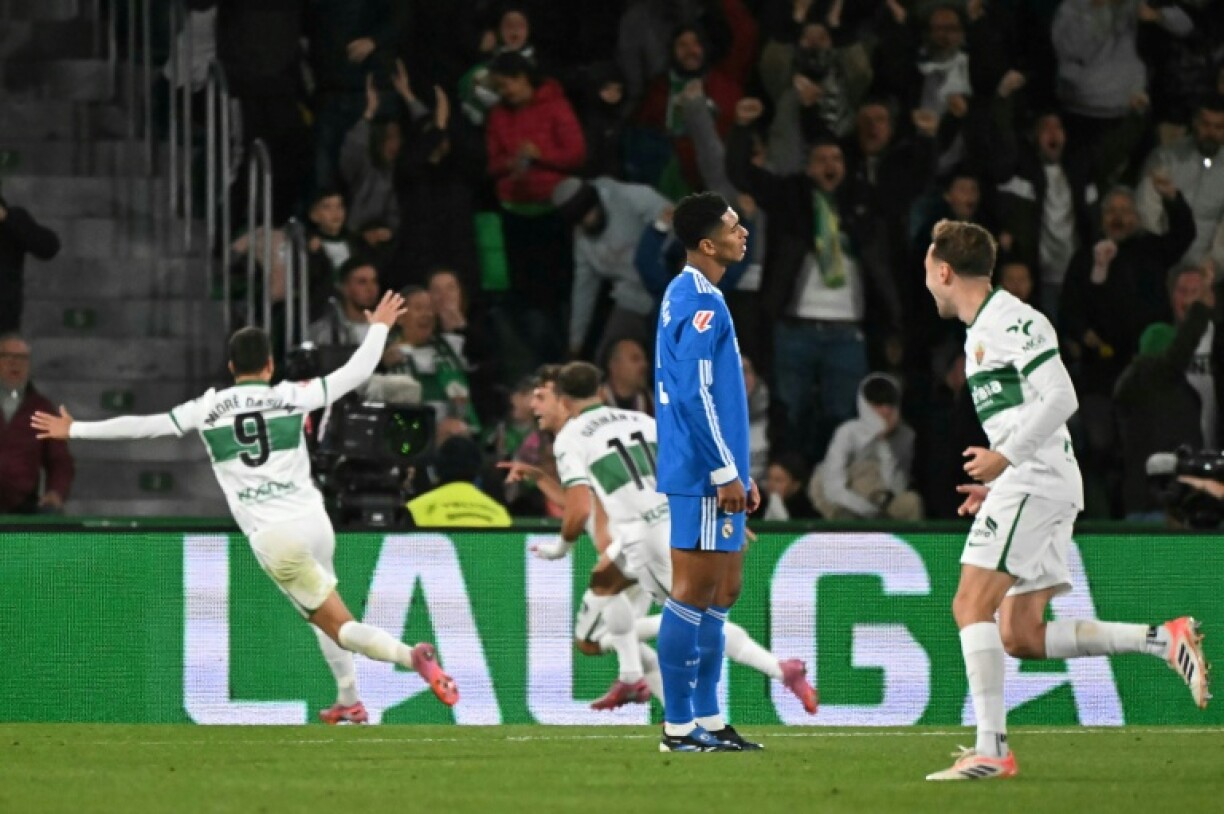 Real Madrid midfielder Jude Bellingham reacts to the opening goal scored by Elche's Aleix Febas in the 2-2 draw on Sunday