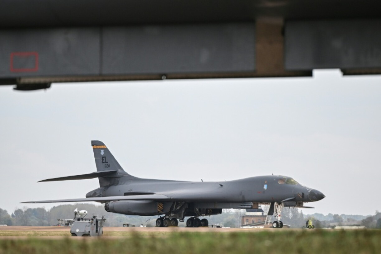 A US Air Force B-1 Lancer bomber is seen on the tarmac at RAF Fairford base in southwwest England as UK counter-terrorism police investigate an incident in a nearby village after arresting five men