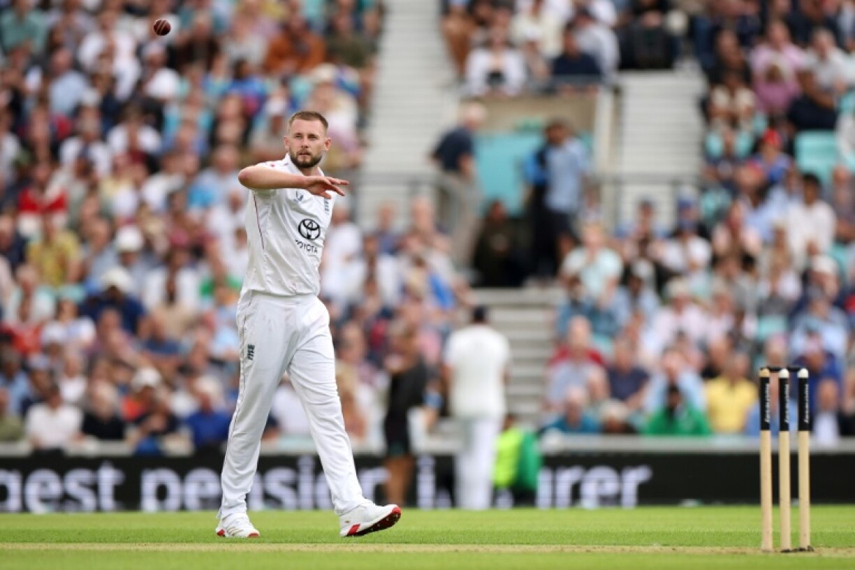 England fast bowler Gus Atkinson focuses on the ball in the first Test against India at the Oval