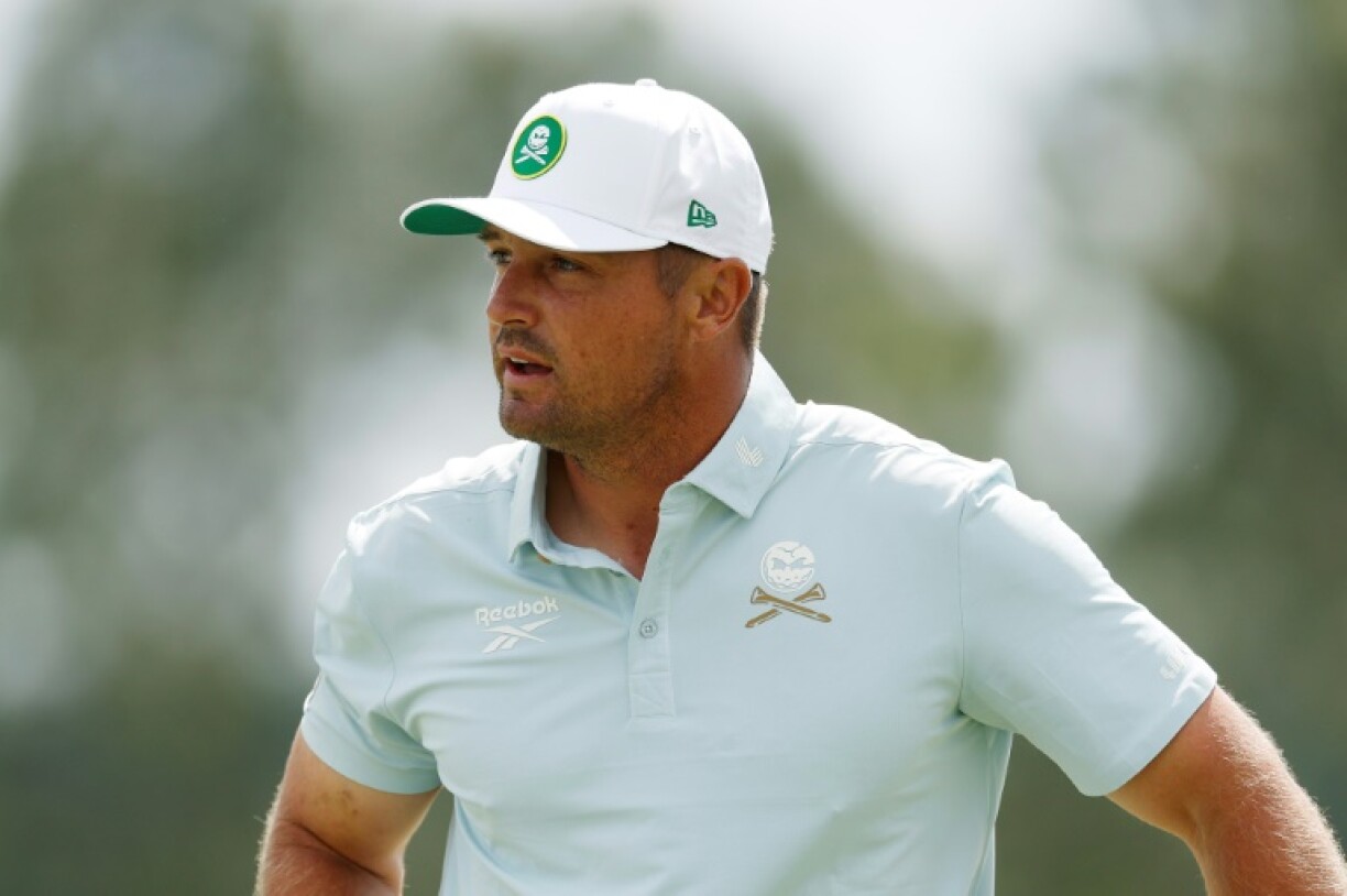 American Bryson DeChambeau reacts after putting for par on the 18th hole in the second round of the Masters at Augusta National