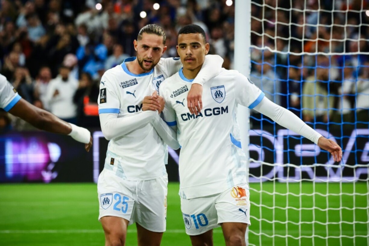 Mason Greenwood (R) scored twice in Marseille's 5-1 win over bottom club Montpellier