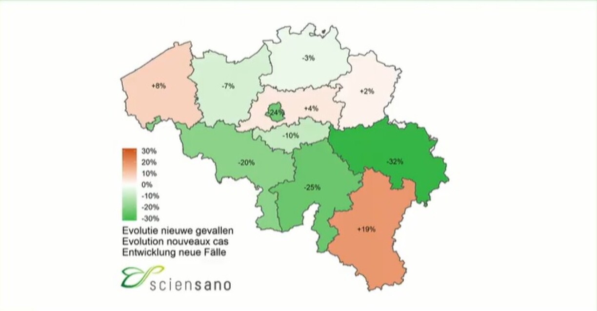 La province de Luxembourg, en orange en bas à droite, sont en nette hausse par rapport au reste de la Belgique.