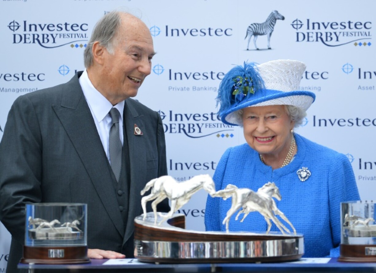 The Aga Khan was a close friend of Britain's Queen Elizabeth II, the pair seen here talking after his horse Harzand won the 2016 Derby at Epsom