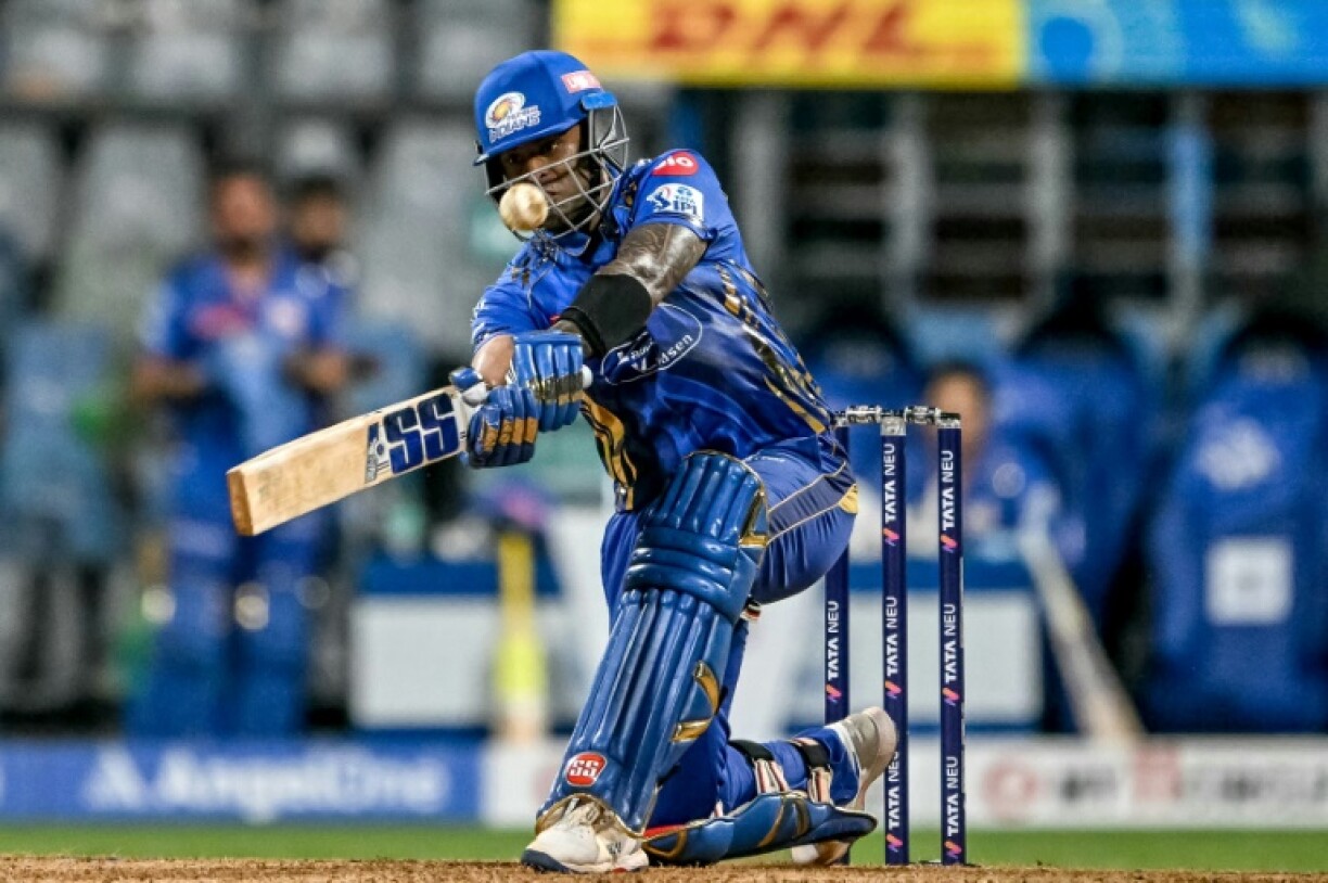 Suryakumar Yadav plays a shot during Mumbai Indians' IPL victory over Delhi Capitals