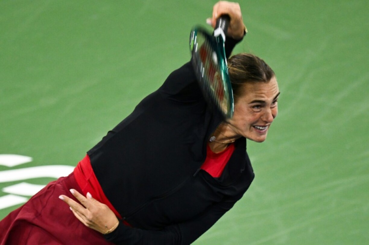 World number one Aryna Sabalenka serves on the way to a dominant semi-final victory over Madison Keys at Indian Wells