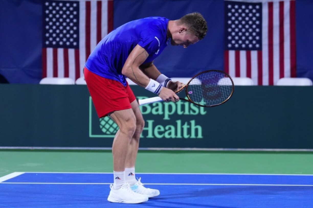Jiri Lehecka reacts after defeating American Taylor Fritz, helping the Czech Republic beat the United States 3-2 and qualify for the Davis Cup final