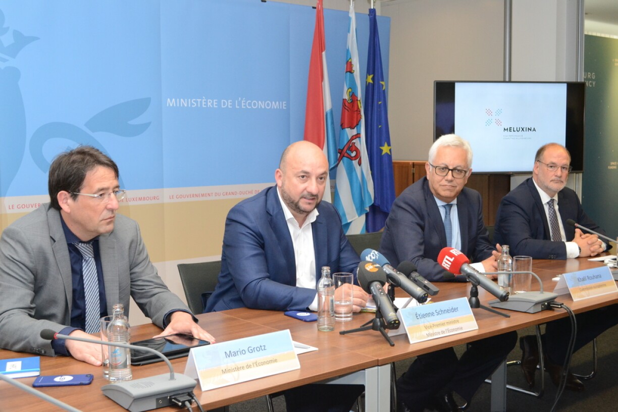 Op der Pressekonferenz (v.l.n.r.): Mario Grotz, Étienne Schneider, Khalil Rouhana a Roger Lampach.