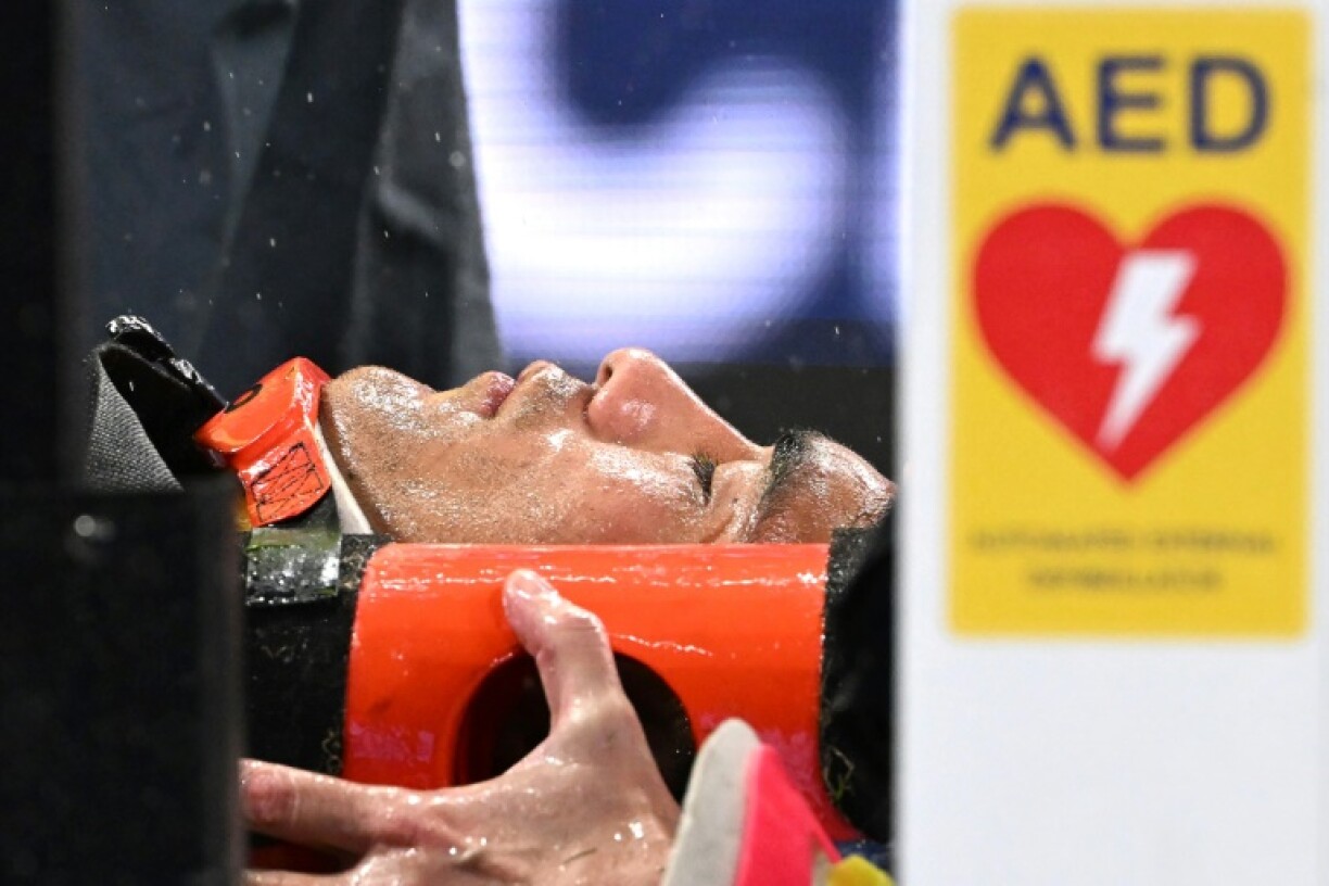 Waratahs’ Joseph-Aukuso Suaalii is stretchered off after an injury during the Super Rugby Pacific Round 13 match between the NSW Waratahs and Queensland Reds at the Allianz Stadium in Sydney on May 9, 2025.