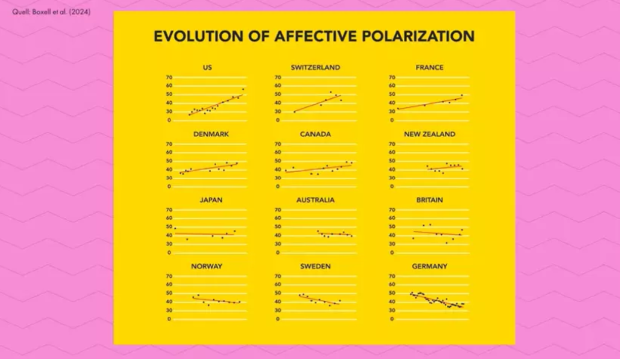 Évolution de la polarisation affective au cours des 40 dernières années, mesurée sur une échelle de 0 à 100. Source : Cross-Country Trends in Affective Polarization (2024)