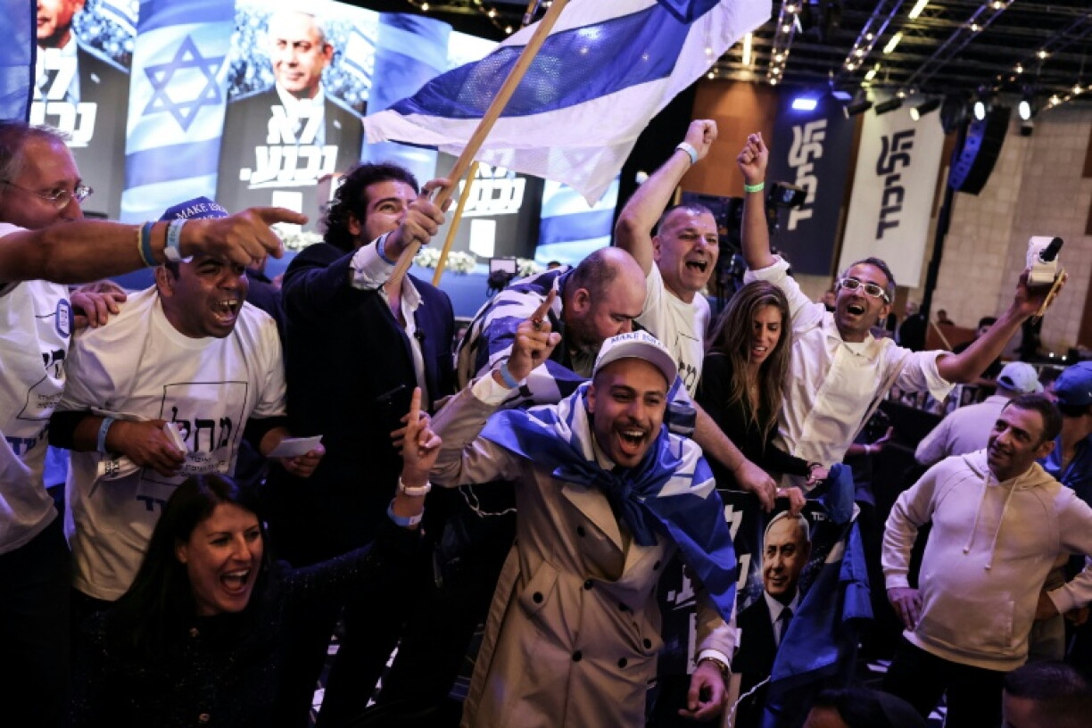 Supporters of Israeli Prime Minister Benjamin Netanyahu celebrate at the International Convention Centre in Jerusalem