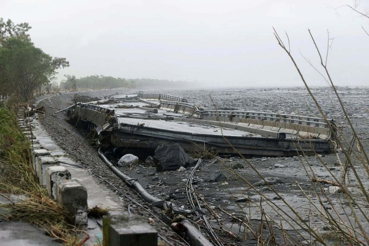 Part of the bridge over Mataian Creek destroyed after the barrier lake burst in Hualien